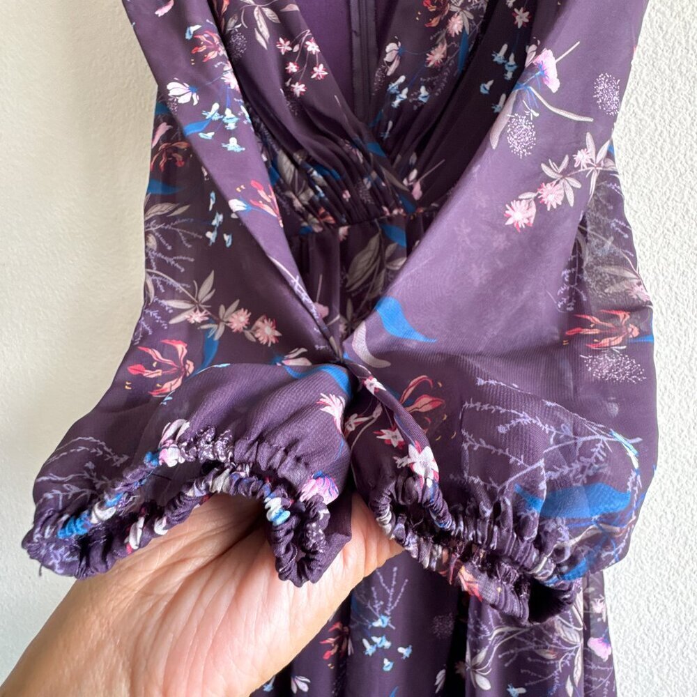 Ieena for Mac Duggal Purple Floral Long Sleeve Tiered Gown Size 0 - Picture 7 of 14